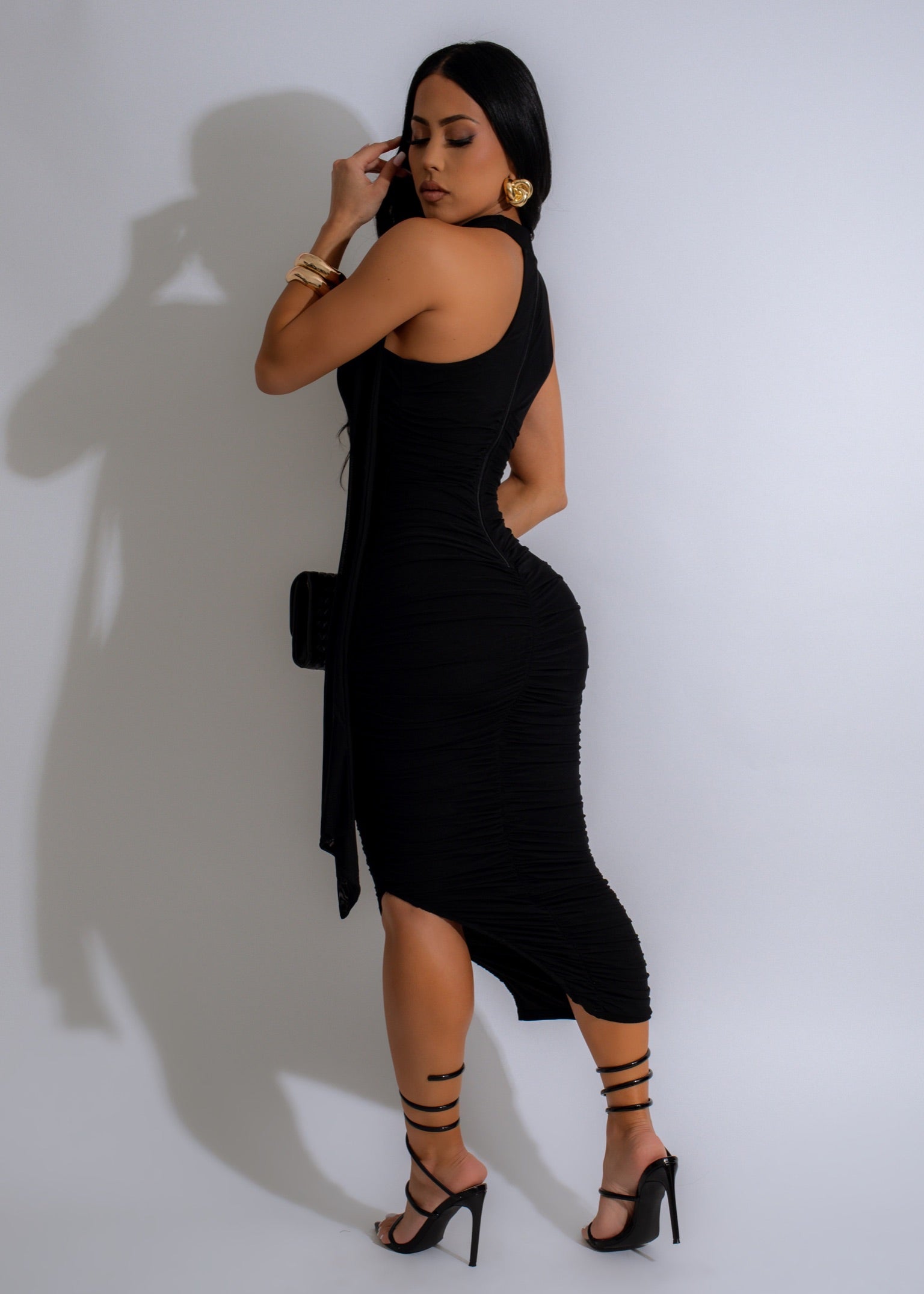 Moonlit Drape Mesh Ruched Maxi Dress Black